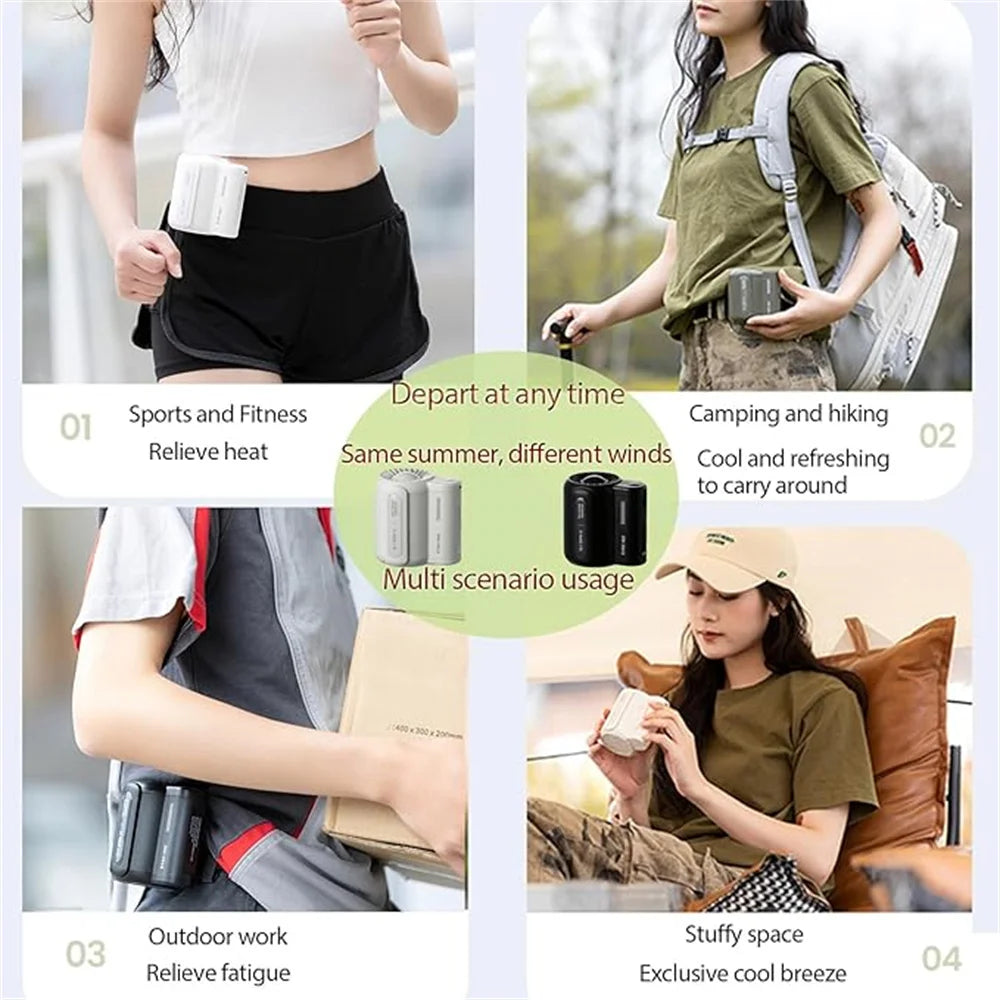 Outdoor waist hanging fan, 3-speed strong wind handheld, portable USB belt clip neck fan, suitable for outdoor travel