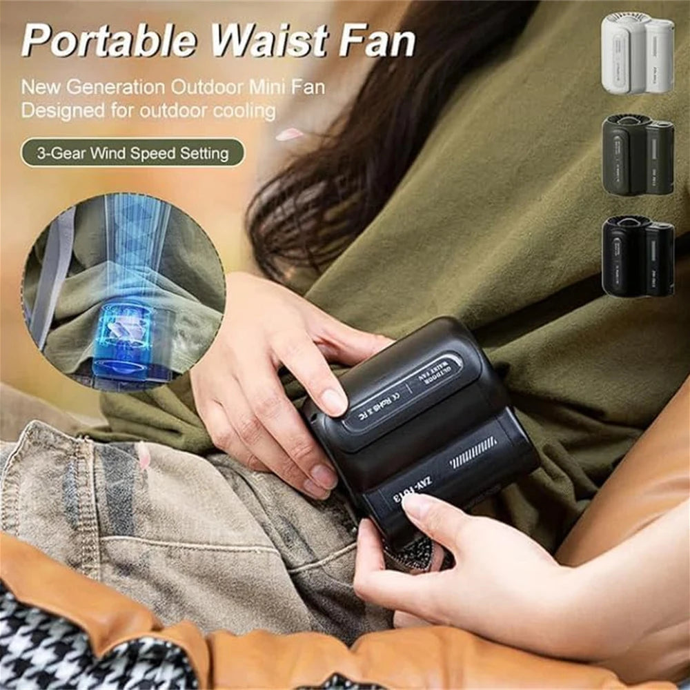 Outdoor waist hanging fan, 3-speed strong wind handheld, portable USB belt clip neck fan, suitable for outdoor travel